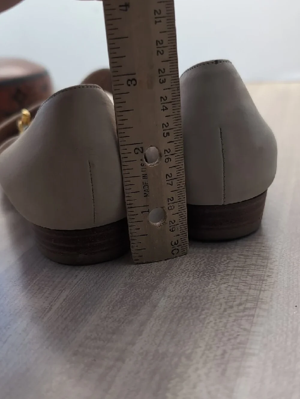 Saks Fifth Avenue Taupe Leather Pointed Flats with Gold Buckle